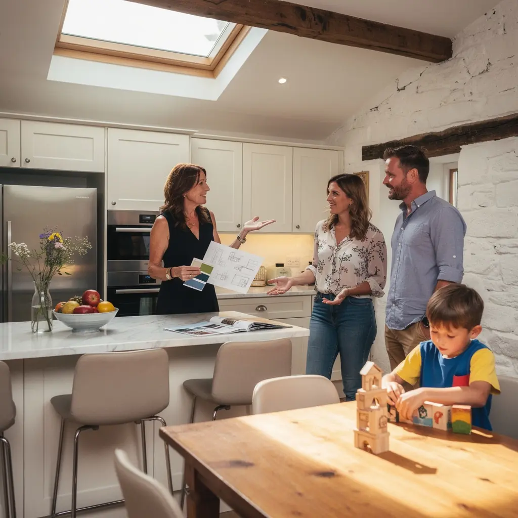 An inviting dining area with a large table, surrounded by tasteful art and modern furnishings.